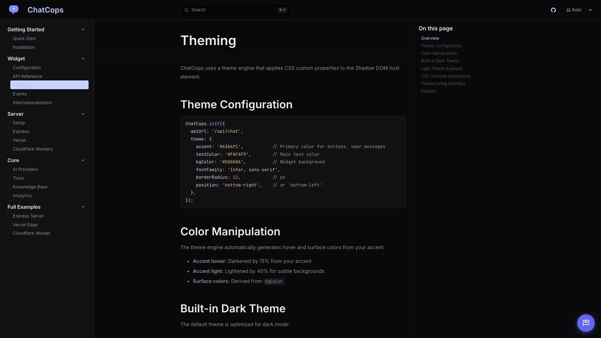 ChatCops theming documentation showing color manipulation and dark theme