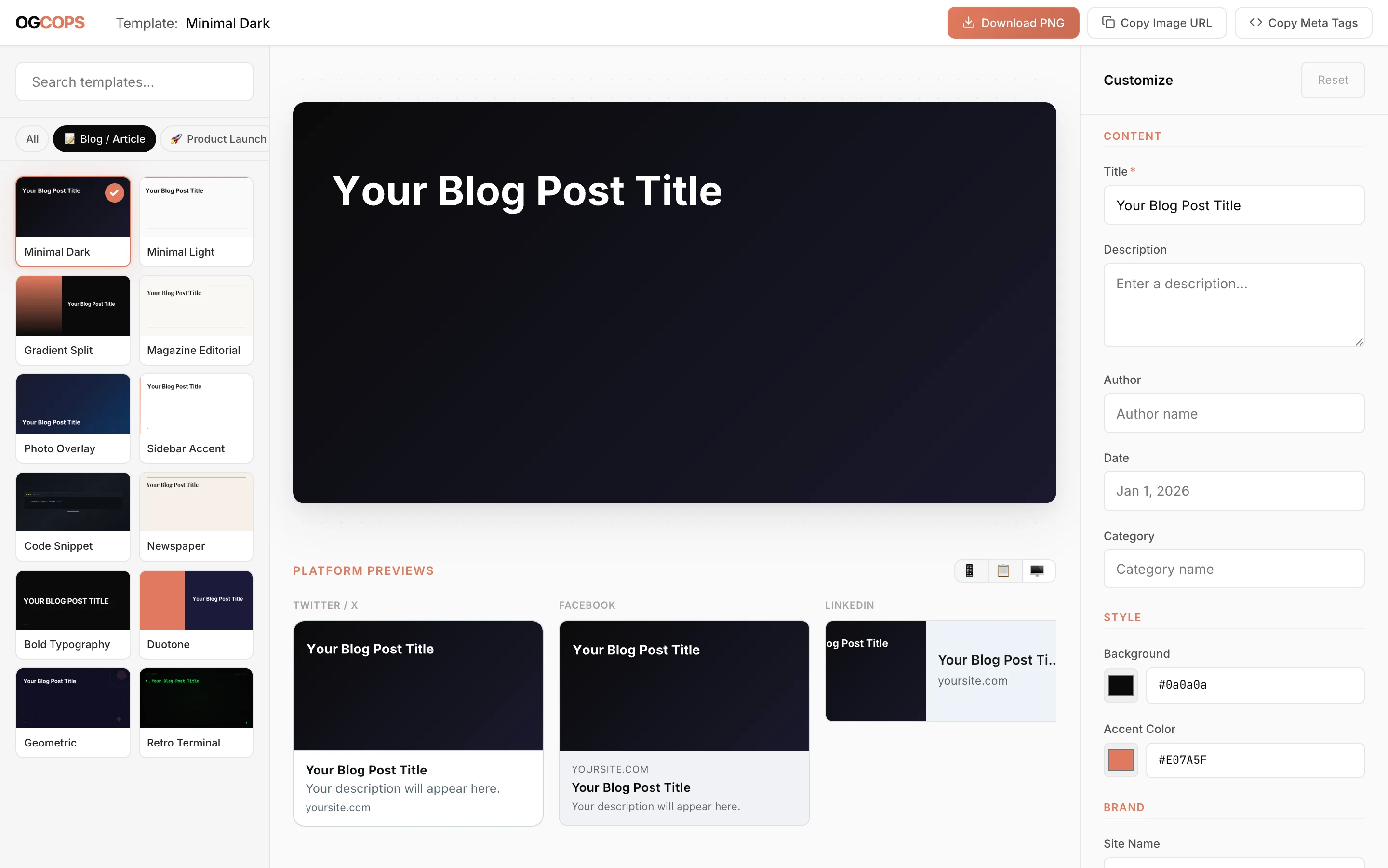 OGCOPS editor with live OG image preview and customization panel