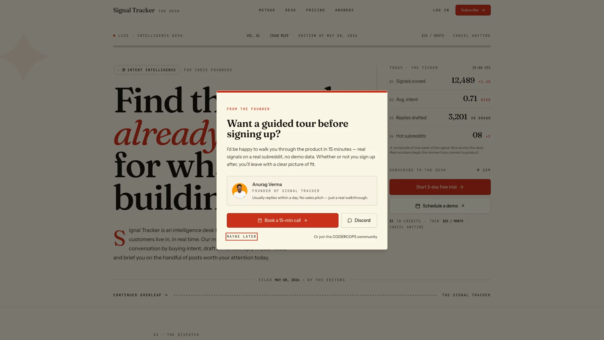 Signal Tracker landing page hero